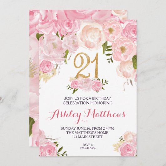 21e verjaardag Floral Invitation, Kaart (Voorkant / Achterkant)