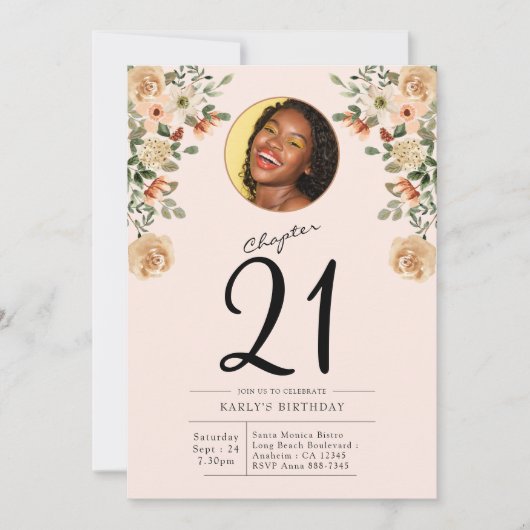 21e verjaardag Floral Photo Party Kaart (Voorkant)