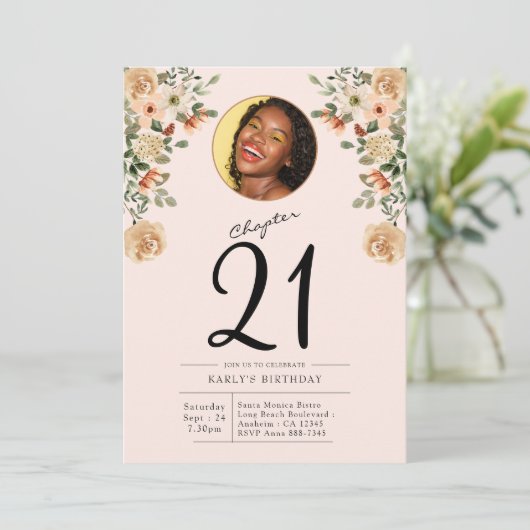 21e verjaardag Floral Photo Party Kaart (Staand voorkant)