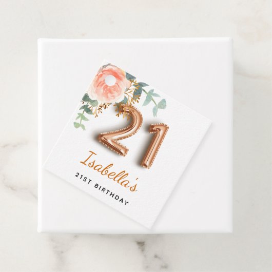 21e verjaardag florale roos goud eucalyptusmonogra bedankjes labels (In situ)