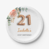 21e verjaardag florale roos goud eucalyptusmonogra papieren bordje (Voorkant)
