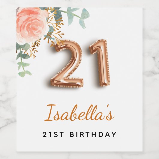 21e verjaardag florale roos goud eucalyptusmonogra wijn etiket (Enkel label)
