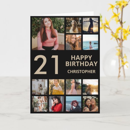 21e verjaardag Foto Collage 13 Foto's zwart en gou Kaart (Gele Bloem)