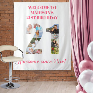 21e verjaardag Foto Collage achtergrond roze Wandkleed