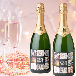 21e verjaardag foto collage legaal zwart sparkling wijnetiket