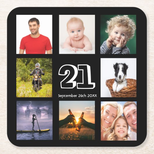 21e verjaardag foto collage man zwarte zwarte kartonnen onderzetters (Voorkant)