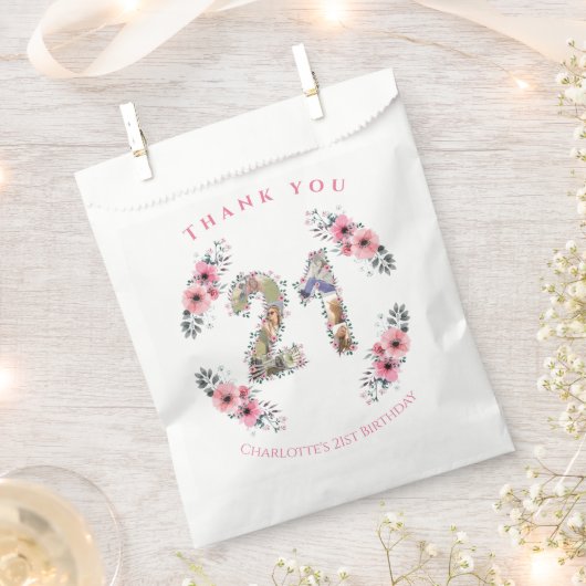 21e verjaardag Foto Collage Pink Bloemenmeisje Whi Bedankzakje (Geknipt)