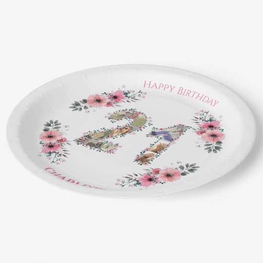 21e verjaardag Foto Collage Pink Bloemenmeisje Whi Papieren Bordje (Gekanteld)