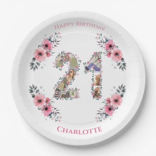 21e verjaardag Foto Collage Pink Bloemenmeisje Whi Papieren Bordje (Voorkant)