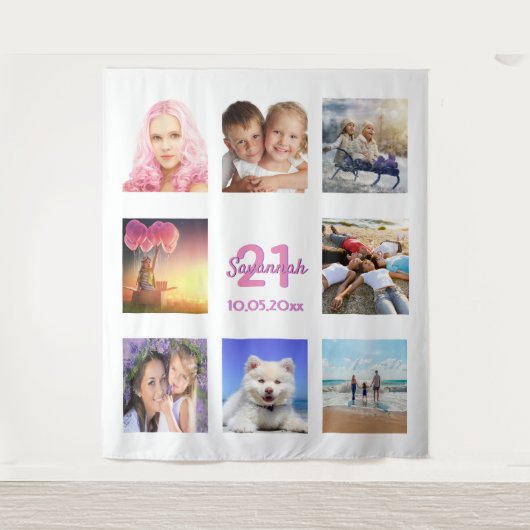 21e verjaardag foto collage wit roze wandkleed (Voorkant)
