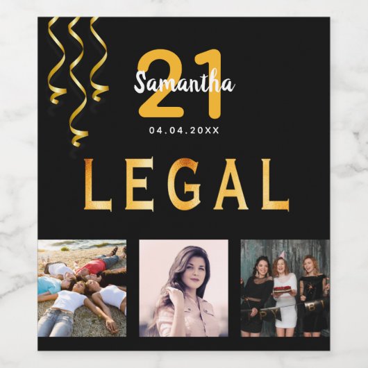 21e verjaardag foto collage zwart wettelijk goud wijn etiket (Enkel label)