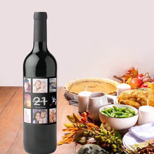 21e verjaardag foto collage zwart wijn etiket