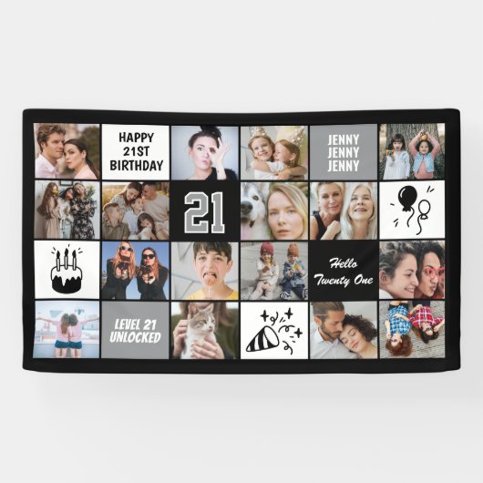 21e Verjaardag Foto Collage Zwart Wit Spandoek (Horizontaal)