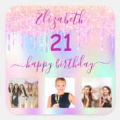 21e verjaardag foto glitter regenboogholografisch vierkante sticker (Voorkant)