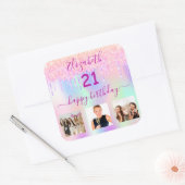 21e verjaardag foto glitter regenboogholografisch vierkante sticker (Envelop)