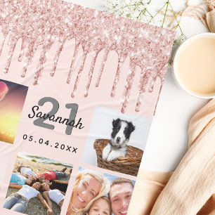 21e verjaardag foto roos goud glitter blush roze fleece deken