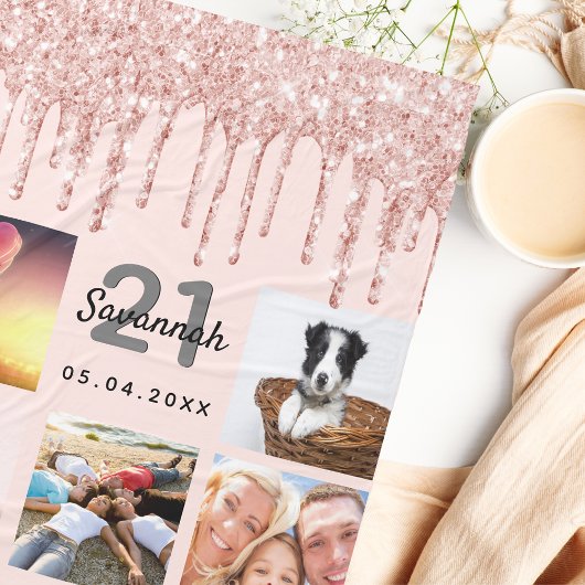 21e verjaardag foto roos goud glitter blush roze fleece deken