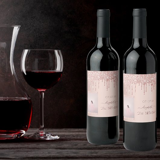 21e verjaardag foto roos gouden glitter druppels wijn etiket