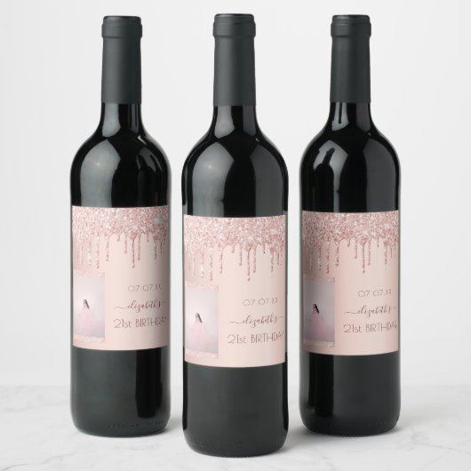 21e verjaardag foto roos gouden glitter druppels wijn etiket (Flessen)