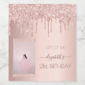 21e verjaardag foto roos gouden glitter druppels wijn etiket (Enkel label)