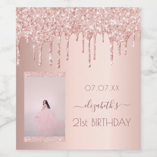 21e verjaardag foto roos gouden glitter druppels wijn etiket (Enkel label)