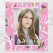 21e verjaardag foto roze botanisch patroon wijn etiket (Enkel label)