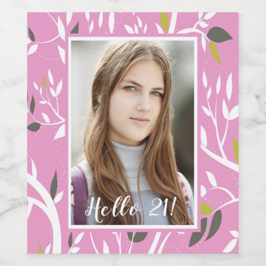 21e verjaardag foto roze botanisch patroon wijn etiket (Enkel label)