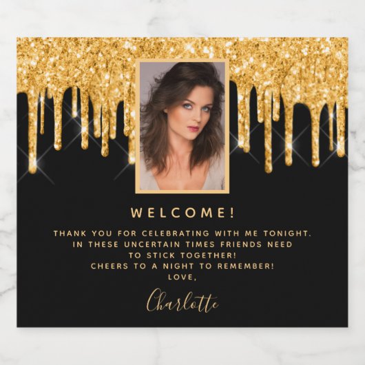 21e verjaardag foto zwart glitter goud welkom sparkling wijnetiket (Enkel label)