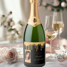 21e verjaardag foto zwarte gouden glitter glam sparkling wijnetiket