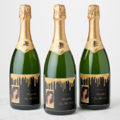 21e verjaardag foto zwarte gouden glitter glam sparkling wijnetiket (Flessen)