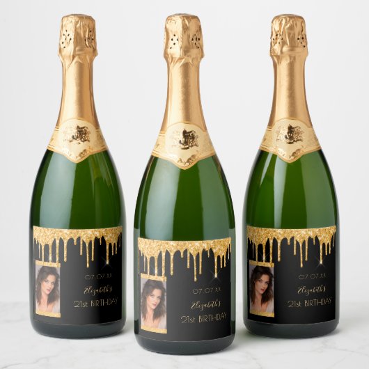 21e verjaardag foto zwarte gouden glitter glam sparkling wijnetiket (Flessen)