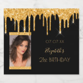 21e verjaardag foto zwarte gouden glitter glam sparkling wijnetiket (Enkel label)