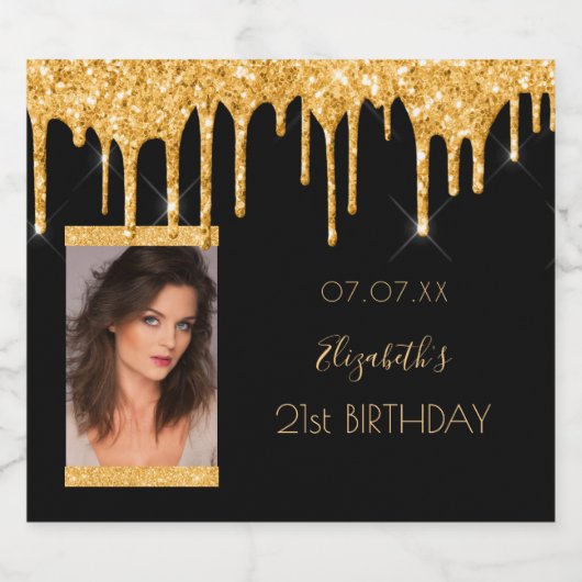 21e verjaardag foto zwarte gouden glitter glam sparkling wijnetiket (Enkel label)
