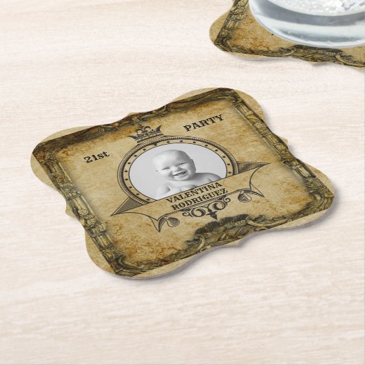 21e verjaardag fotomplate  monogram kartonnen onderzetters (Gekanteld)