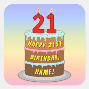 21e verjaardag: Fun Cake and Candles + Custom Name Vierkante Sticker