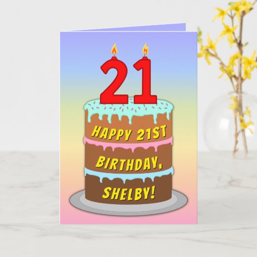 21e verjaardag — Fun Cake & Candles, w/ Aangepaste Kaart (Gele Bloem)