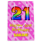 21e verjaardag: Fun Pink Hearts Stripes; Rainbow 2 Medium Cadeauzakje (Voorkant)