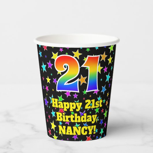 21e verjaardag: Fun Stars Pattern en Rainbow 21 Papieren Bekers (Achterkant)