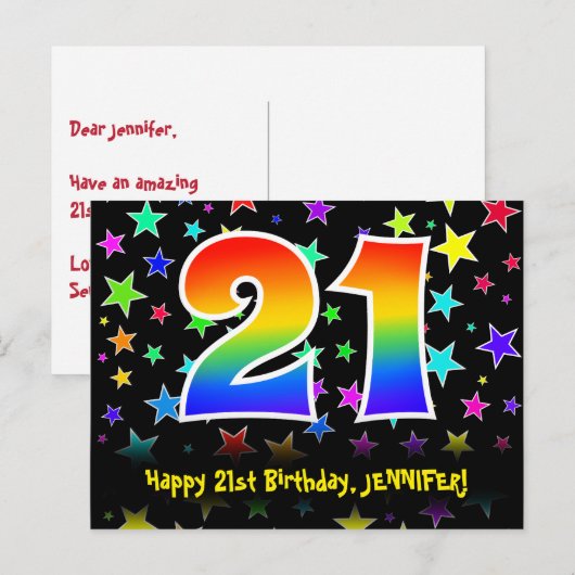 21e verjaardag: Fun sterren patroon, Regenboog 21, Briefkaart (Voorkant / Achterkant)