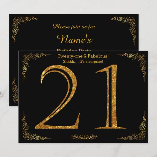 21e verjaardag, Gatsby styl, zwarte gouden glitter Kaart (Voorkant / Achterkant)