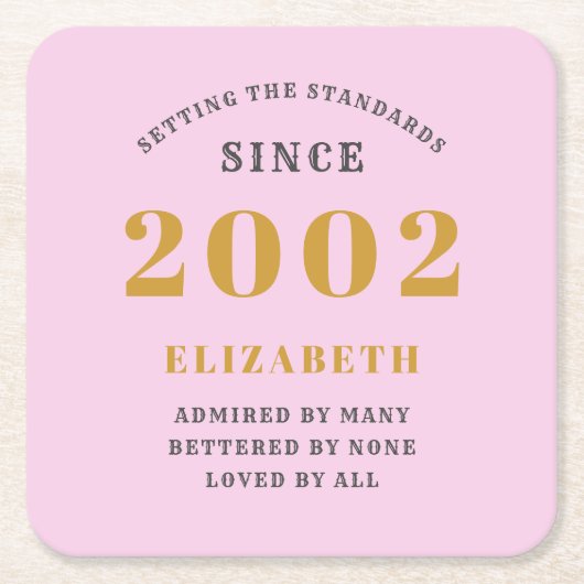 21e verjaardag Geboren in 2002 Naam Roze grijs toe Kartonnen Onderzetters (Voorkant)