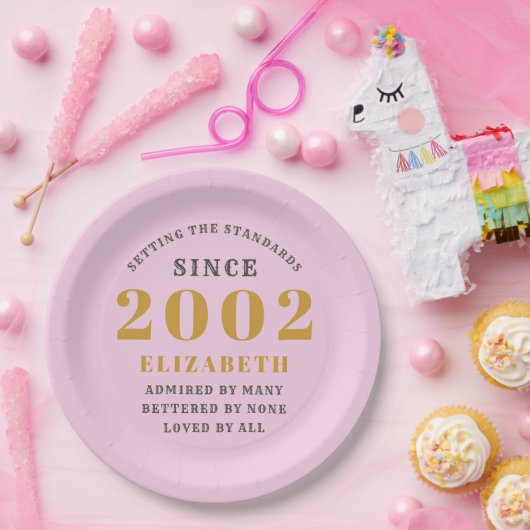 21e verjaardag Geboren in 2002 Roze naam toevoegen Papieren Bordje (Feest)
