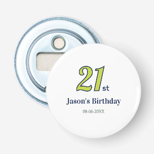 21e verjaardag geel blauw groene vet letter naam t button flesopener