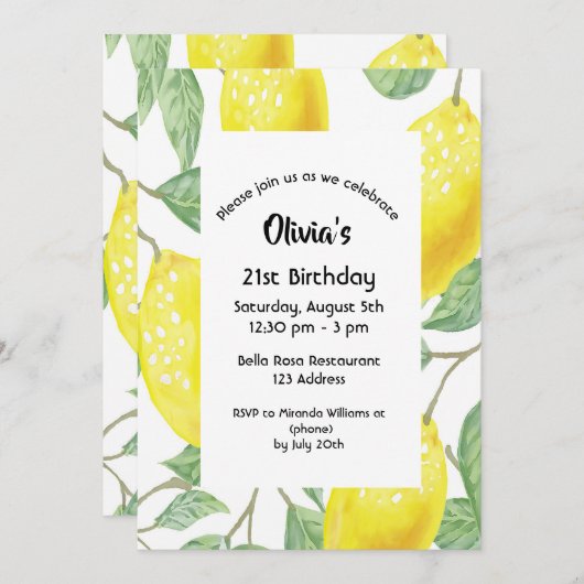 21e verjaardag gele citroenen wit kaart (Voorkant / Achterkant)