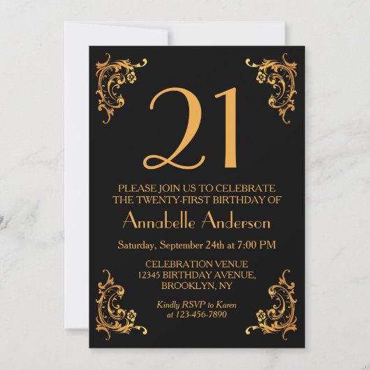 21e Verjaardag Glam Modern Goud Zwart Retro Kaart (Voorkant)