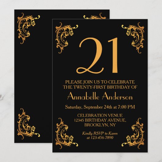 21e Verjaardag Glam Modern Goud Zwart  Retro Kaart (Voorkant / Achterkant)