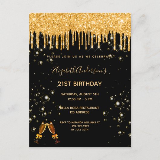 21e verjaardag glitter zwarte gouden feestdag briefkaart (Voorkant)