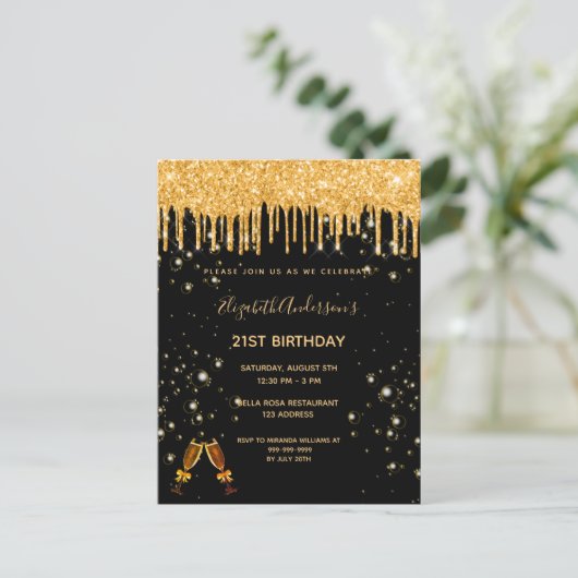 21e verjaardag glitter zwarte gouden feestdag briefkaart (Staand voorkant)