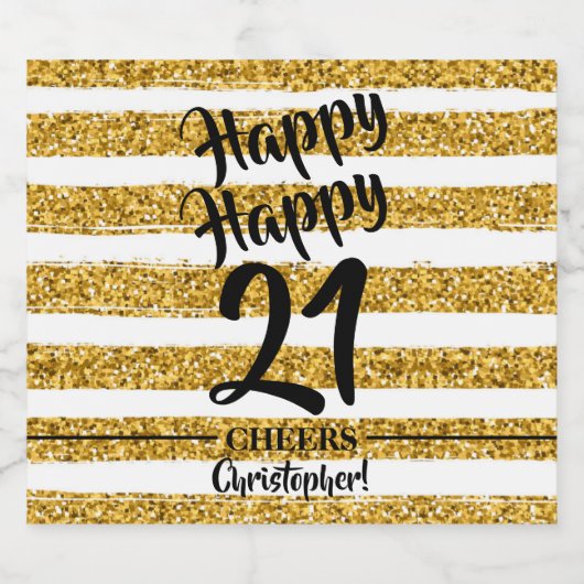 21e verjaardag Gold Faux Glitter Stripes - Aangepa Sparkling Wijnetiket (Enkel label)
