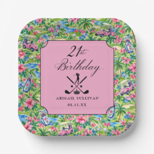 21e verjaardag Golf Roze Groen Preppy Print Papieren Bordje